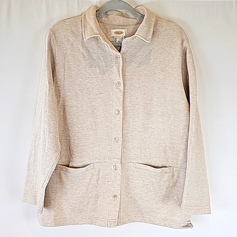 Talbots Cotton Beige Sweater Cardigan Collared Blazer Size Large